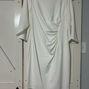 DKNY White Ruched Cowl Neck Sheath Dress